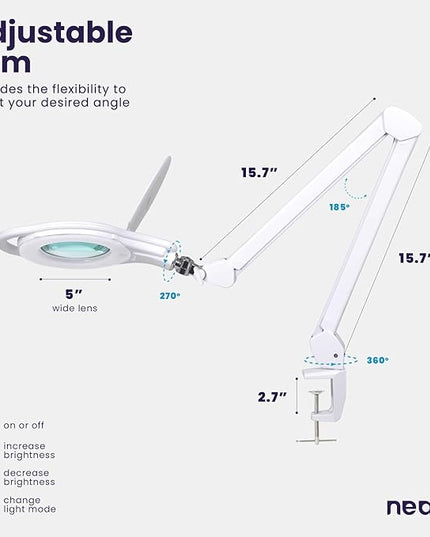 Neatfi Elite LED Magnifying Lamp with Clamp, 8 Diopter, 3000K-6500K Color Temperature, 96 pcs SMD LED, Nonpolar Dimming, Eye-Friendly, Glare-Free, Adjustable Arm Magnifier (5 Inch Lens, White) - LeafyLoom