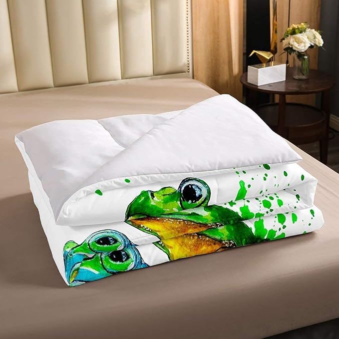 Erosebridal Cartoon Frog Comforter Set Twin Size, Green Tie Dye Down Comforter, Tree Branch Quilted Duvet,Animal Soft Duvet Insert for Kid Adult, White Room Decor Reversible All Season - LeafyLoom