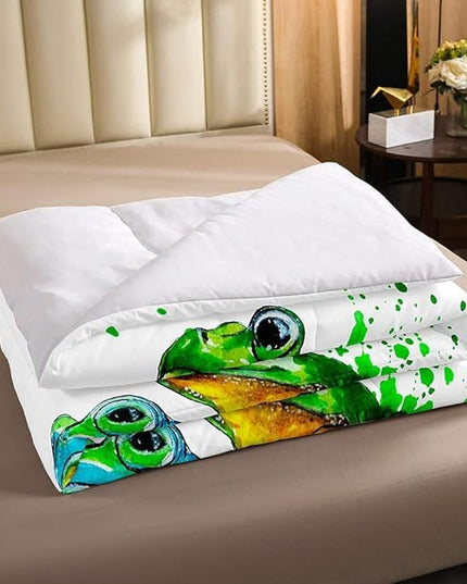 Erosebridal Cartoon Frog Comforter Set Queen Size, Green Tie Dye Down Comforter, Tree Branch Quilted Duvet,Animal Soft Duvet Insert for Kid Adult, White Room Decor Reversible All Season - LeafyLoom
