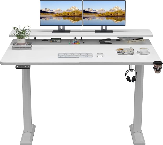 Electric Standing Desk with Monitor Shelf, 55 x 24 Inches Height Adjustable Corner Table, Computer Workstation with Cup Holder and Hook for Home Office, White, 55x24 Inch - LeafyLoom