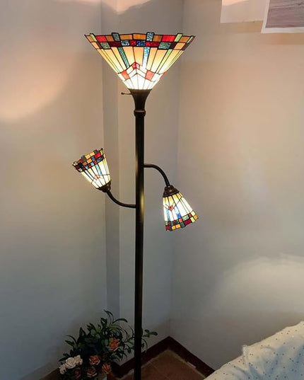 Bieye L10812 Mission Tiffany Style Stained Glass Floor Lamp for Reading Working Decorating, 3-Lights, 70 inches Tall - LeafyLoom