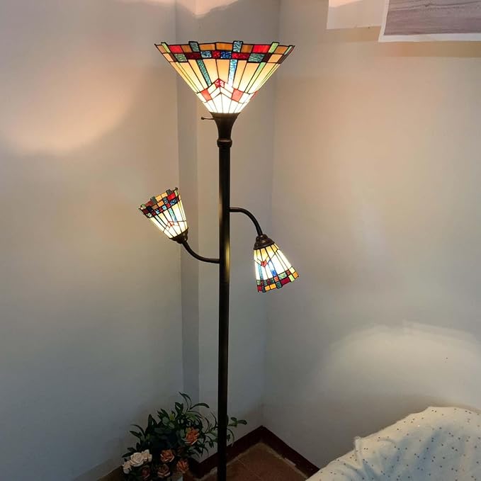 Bieye L10812 Mission Tiffany Style Stained Glass Floor Lamp for Reading Working Decorating, 3-Lights, 70 inches Tall - LeafyLoom