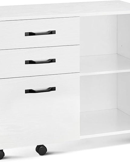 VASAGLE Lateral File Cabinet, Home Office Printer Stand, with 3 Drawers and Open Storage Shelves, for A4, Letter-Size Documents, White, 15.7”D x 31.5”W x 26”H - LeafyLoom