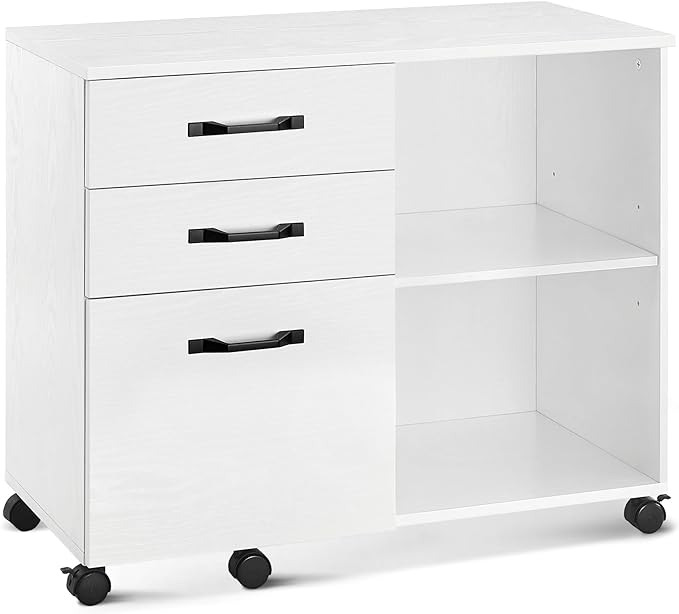 VASAGLE Lateral File Cabinet, Home Office Printer Stand, with 3 Drawers and Open Storage Shelves, for A4, Letter-Size Documents, White, 15.7”D x 31.5”W x 26”H - LeafyLoom