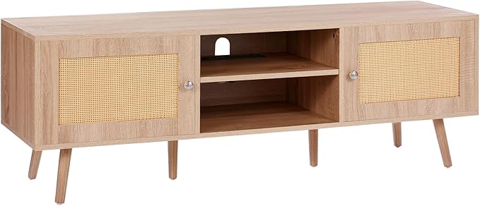 VEVOR Rattan TV Stand, Mid Century Modern TV Stand for 65 inch TV, Boho Rattan TV Cabinet with Build-in Socket and USB Ports, Adjustable Shelfs for Living Room, Media Room, Oak - LeafyLoom