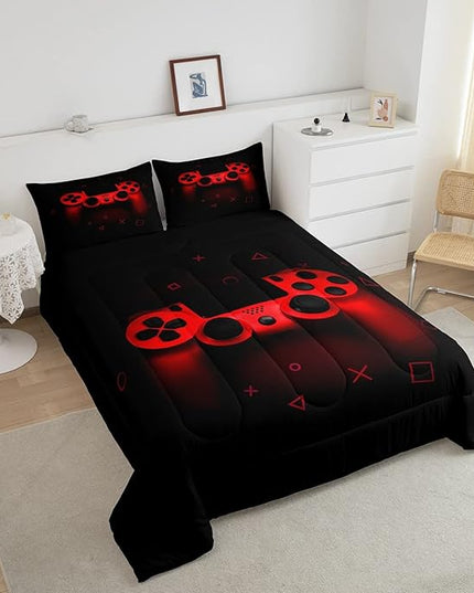 Boys Gamer Comforter Set Full Size,Gamepad Bedding Set Kids Young Man Video Games Down Comforter for Teen Child Game Room Decor Black Red Classic Retro Gaming Quilted Duvet Set with Pillowcase - LeafyLoom