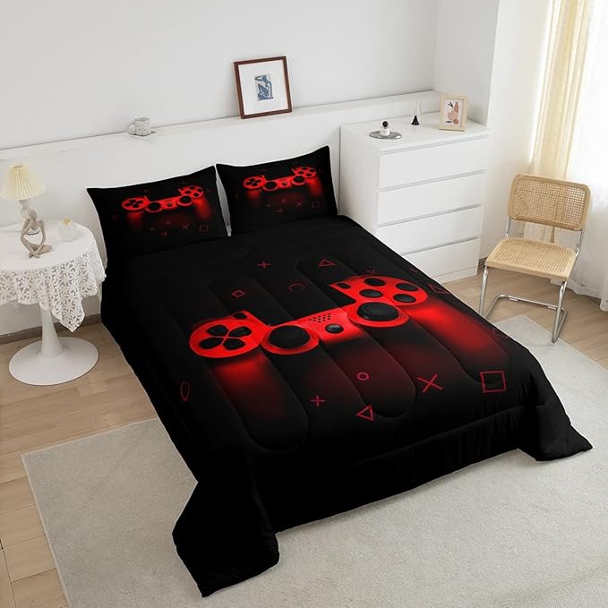 Boys Gamer Comforter Set Full Size,Gamepad Bedding Set Kids Young Man Video Games Down Comforter for Teen Child Game Room Decor Black Red Classic Retro Gaming Quilted Duvet Set with Pillowcase - LeafyLoom
