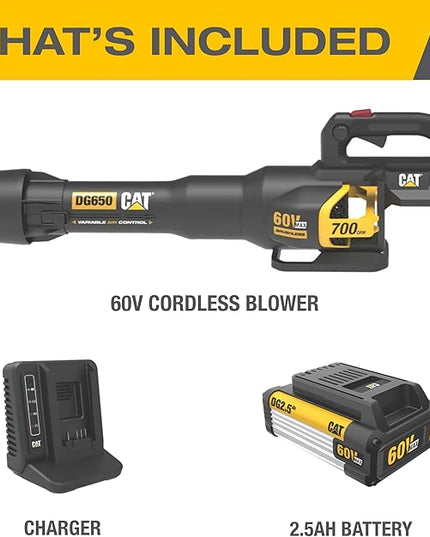 Cat DG650 60V 700 CFM 135 MPH Leaf Blower Cordless with Battery and Charger,Adjustable Speed Blowers for Lawn Care,Lightweight Cordless Leaf Blower with Variable Air Control Battery&Charger Include - LeafyLoom