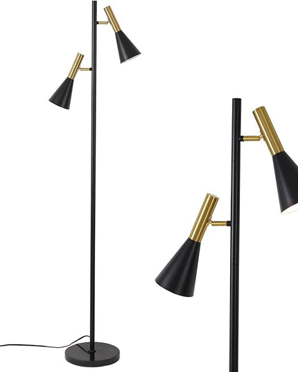 Modern Floor Lamp with 2 Adjustable Head Tall Pole Uplight for Living Room, Bedroom, Office,Gold and Black Corner Light for Reading,E26 Bulbs(Not Included) - LeafyLoom
