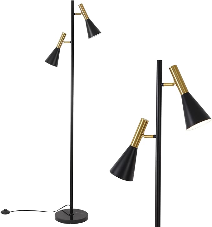 Modern Floor Lamp with 2 Adjustable Head Tall Pole Uplight for Living Room, Bedroom, Office,Gold and Black Corner Light for Reading,E26 Bulbs(Not Included) - LeafyLoom