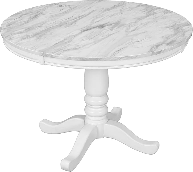 5-Piece Dining, Kitchen Set with Marble-Top Round Table and 4 Comfortable X Back Wood Chairs, Ensemble for Cozy Family Meals, White - LeafyLoom