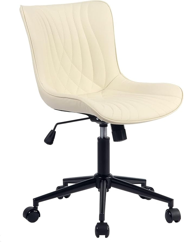 YOUTASTE Office Chair Armless Desk Chair Small Computer Swivel Rolling Chair with Wheels, Modern Upholstered PU Leather Computer Sewing Chair, Adjustable Home Office Desk Chairs, Beige - LeafyLoom
