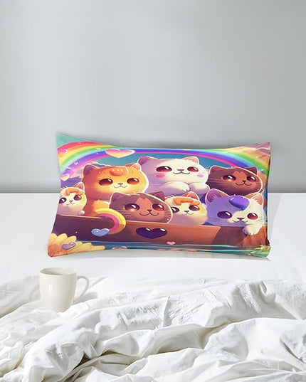 Cat Comforter Set, Cute Cat Bedding Set, Twin Size Comforter Set for Girls Cat Comforter Cartoon Cat Rainbow Printed Bedding Sets for Kids Girls Kawaii Cat Bedding Sets, 1 Comforter+1 Pillowcase - LeafyLoom