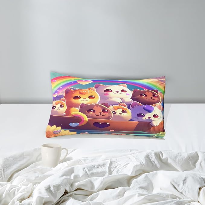 Cat Comforter Set, Cute Cat Bedding Set, Twin Size Comforter Set for Girls Cat Comforter Cartoon Cat Rainbow Printed Bedding Sets for Kids Girls Kawaii Cat Bedding Sets, 1 Comforter+1 Pillowcase - LeafyLoom