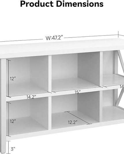 6 Cube Storage Organizer with Shelf, 3 Tier Metal and Wood Open Book Shelf, Long Wide Office Cubby Bookcase with Storage, Industrial Horizontal Bookshelf (White, 47 Inch) - LeafyLoom