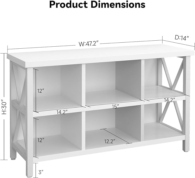 6 Cube Storage Organizer with Shelf, 3 Tier Metal and Wood Open Book Shelf, Long Wide Office Cubby Bookcase with Storage, Industrial Horizontal Bookshelf (White, 47 Inch) - LeafyLoom