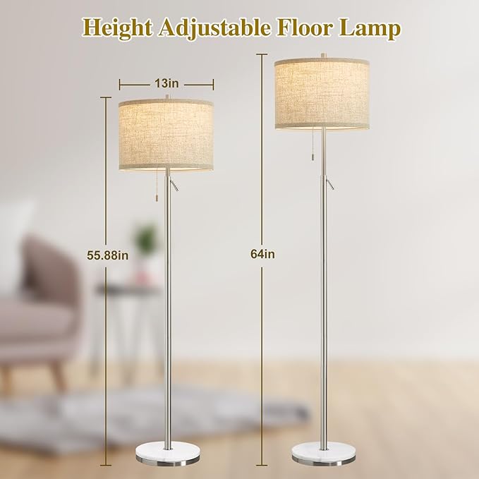 Marble Floor Lamp, Adjustable Height Standing Lamp with Marble Base Tall Lamp with Pull Chain Switch Floor Lamps for Living Room, Bedroom & Office Bulbs Not Included(Silver) - LeafyLoom