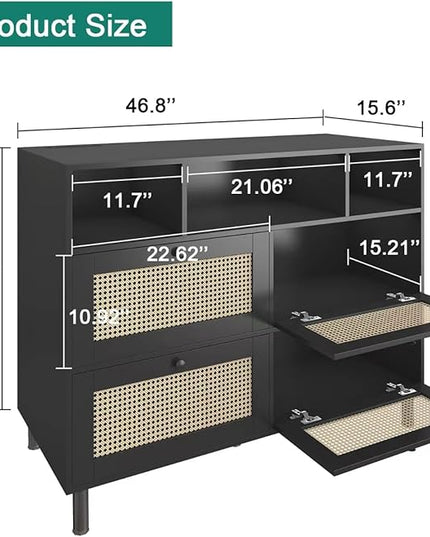 Sideboard Buffet Cabinet, Kitchen Storage Cabinet with Power Outlet & Led Lights, Accent Cabinet with 4 Rattan Doors, Black - LeafyLoom