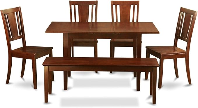 East West Furniture NODU6C-MAH-W 6 Piece Set Contains a Rectangle Dining Room Table with Butterfly Leaf and 4 Kitchen Chairs with a Bench, 32x54 Inch - LeafyLoom