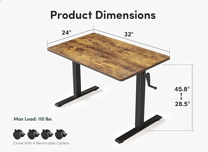 FEZIBO 32" Whole Piece Crank Height Adjustable Desk, 32 Inches Manual Standing Desk, Writing Table with Handle, Home Office Desk with Black Frame/Rustic Brown Top - LeafyLoom