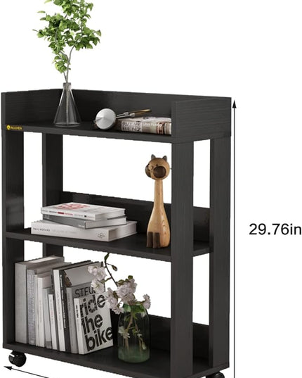 Small Bookshelf and Bookcase, 3 Tier Wood Nightstand with Wheels, Modern Bedside End Table with Storage Rack for Bedroom, Library, Living Room, Home, Office Cart, Black - LeafyLoom