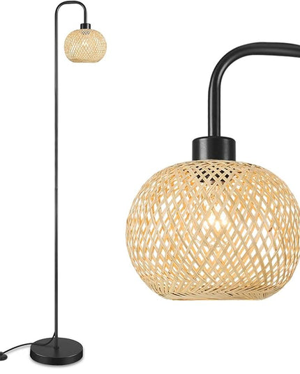Boho Floor Lamp for Living Room, Industrial Standing Lamp with Handmade Rattan Natural Bamboo Lantern Mini Shade, Tall Pole Light with E26 Socket for Bedroom, Farmhouse,Black(NO Bulb) - LeafyLoom