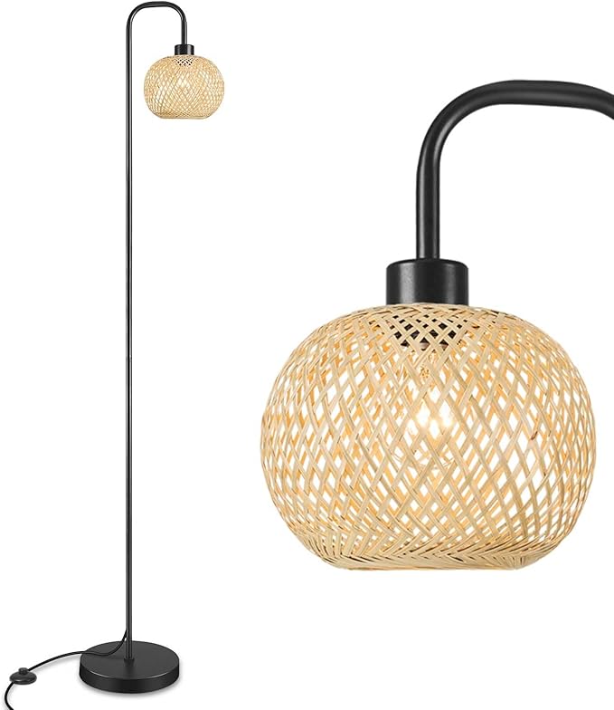 Boho Floor Lamp for Living Room, Industrial Standing Lamp with Handmade Rattan Natural Bamboo Lantern Mini Shade, Tall Pole Light with E26 Socket for Bedroom, Farmhouse,Black(NO Bulb) - LeafyLoom