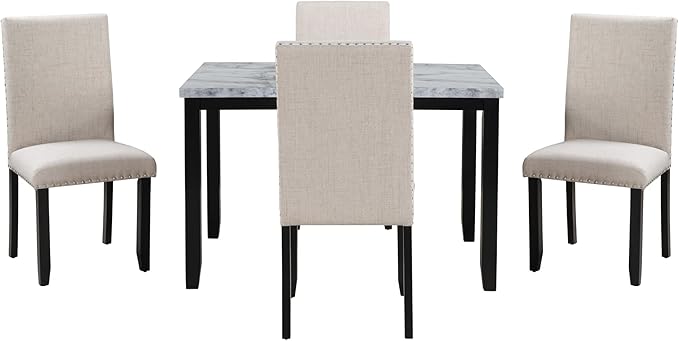 NicBex Dining Table for 4 Kitchen & Dining Room Tables Faux Marble 5-Piece Dining Set Table with 4 Thicken Cushion Dining Chairs Home Furniture, Space-Saving, White - LeafyLoom