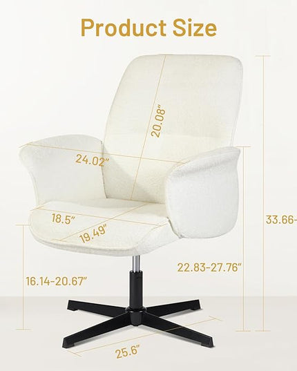 Home Office Chair, Upholstered Linen Fabric Padded Mid Back Accent Chair, Computer Desk Chairs Ergonomic No Wheels Stylish Swivel Adjustable Vanity Chair with Armrests, Beige - LeafyLoom