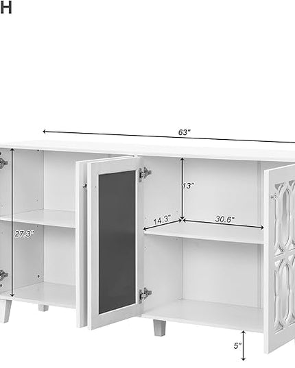 Merax Buffet Cabinet with Adjustable Shelves, 4-door Mirror Hollow-Carved TV stand for Television Up to 65 inches, Multi-functional Console Table with Storage Credenza for Living Room, White - LeafyLoom