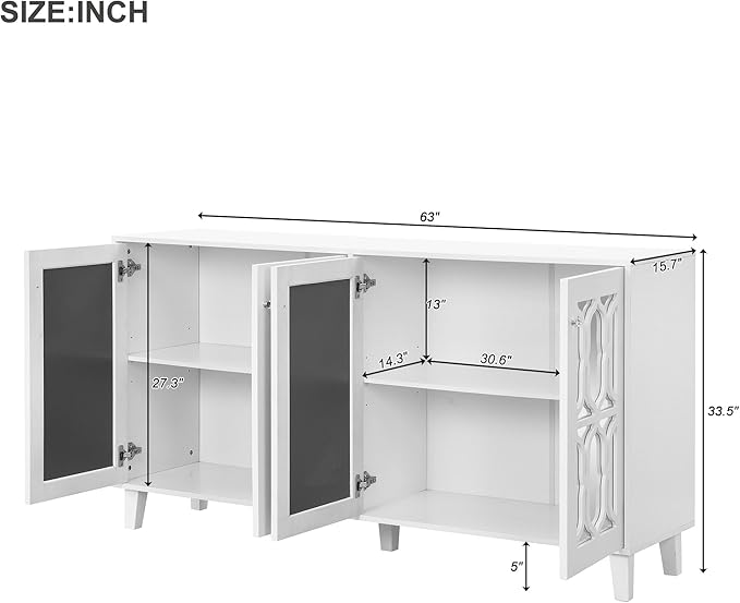Merax Buffet Cabinet with Adjustable Shelves, 4-door Mirror Hollow-Carved TV stand for Television Up to 65 inches, Multi-functional Console Table with Storage Credenza for Living Room, White - LeafyLoom
