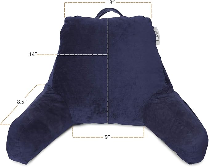 Clara Clark Reading Pillow for Kids, Small Back Pillow for Sitting Up in Bed, Memory Foam Back Support Pillow, Reading Pillows for Sitting in Bed, Navy Blue Gaming Pillow with Arms and Pockets - LeafyLoom