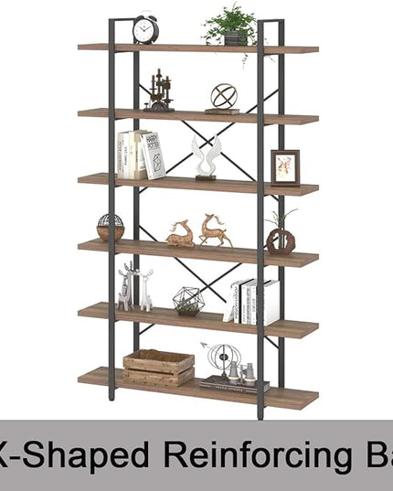 HSH Tall Bookcases and Book Shelves 6 Shelf, Metal Wooden Book Shelf and Storage Rack, Modern Etagere 6 Tier Bookshelf, Farmhouse Large Display Bookshelves for Bedroom Living Room Office, Rustic Oak - LeafyLoom