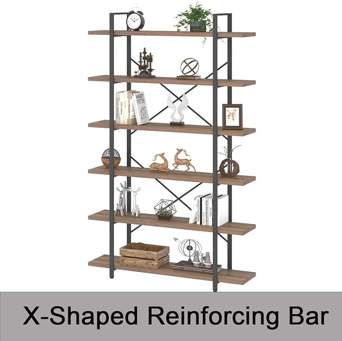 HSH Tall Bookcases and Book Shelves 6 Shelf, Metal Wooden Book Shelf and Storage Rack, Modern Etagere 6 Tier Bookshelf, Farmhouse Large Display Bookshelves for Bedroom Living Room Office, Rustic Oak - LeafyLoom