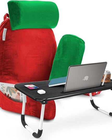 Clara Clark Reading Pillow with Portable Lap Desk for laptop Set, Back Pillow for Sitting Up in Bed, Memory Foam Back Support Pillow, Bed Rest Pillow with Foldable Laptop Desk, Large - Holiday Color - LeafyLoom