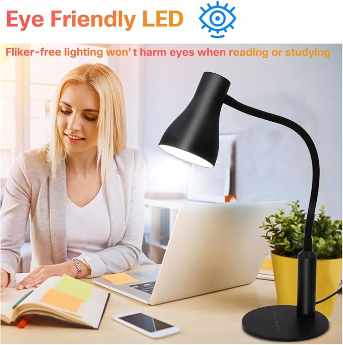 LED Desk Lamp, 3 Lighting Modes and 6 Brightness Levels, 10W Flexible Gooseneck Table Lamp for Living Room and Study, Remote Control with Timing Function, AC Adapter Included (Black) - LeafyLoom