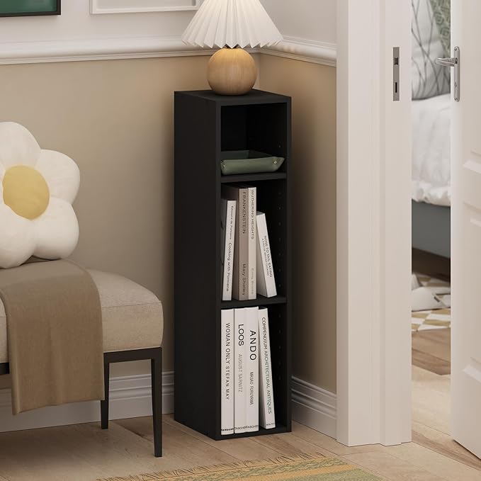 Furinno Fulda 3-Tier Space Saving Storage Shelf Bookcase, 8-Inch Width, Blackwood - LeafyLoom