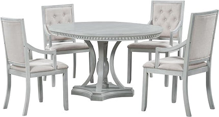 5-Piece Retro Elegant Extendable Round Dining Table Set with 4 Curved Armrest Upholstered Chairs for Kitchen, Breakfast Nook, Living Room, Oak, 42"-58"L x 42"W x 30"H, Antique Gray(Armchairs) - LeafyLoom