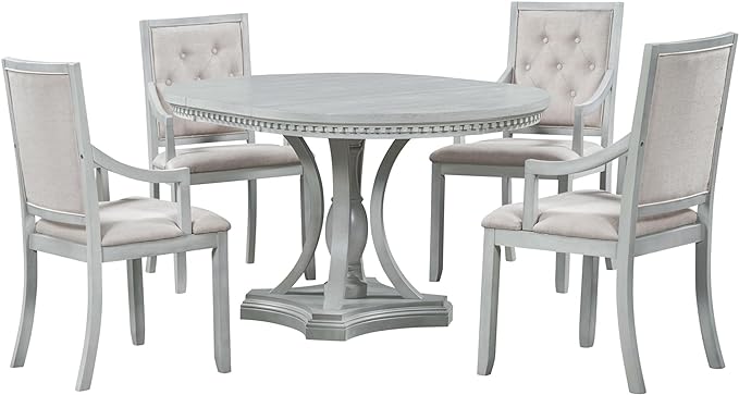 5-Piece Retro Elegant Extendable Round Dining Table Set with 4 Curved Armrest Upholstered Chairs for Kitchen, Breakfast Nook, Living Room, Oak, 42"-58"L x 42"W x 30"H, Antique Gray(Armchairs) - LeafyLoom