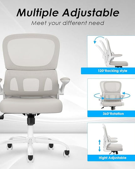 Soohow Ergonomic Home Office Chair, Mesh Desk Chair with Lumbar Support, Comfy Computer Desk Chair with Flip Armrest Rolling Wheels, Khaki. - LeafyLoom