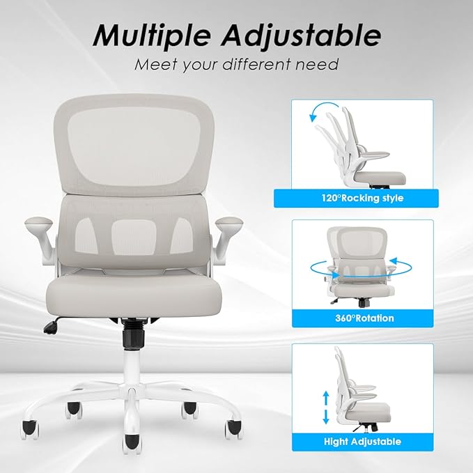 Soohow Ergonomic Home Office Chair, Mesh Desk Chair with Lumbar Support, Comfy Computer Desk Chair with Flip Armrest Rolling Wheels, Khaki. - LeafyLoom
