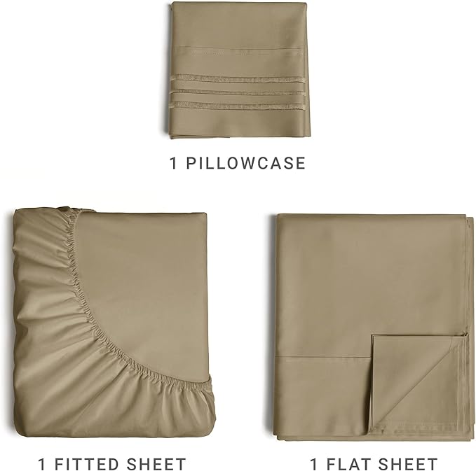 Twin XL Size 3 Piece Sheet Set - Comfy Breathable & Cooling Sheets - Hotel Luxury Bed Sheets for Women & Men - Deep Pockets, Easy-Fit, Extra Soft & Wrinkle Free Sheets - Khaki Oeko-Tex Bed Sheet Set - LeafyLoom