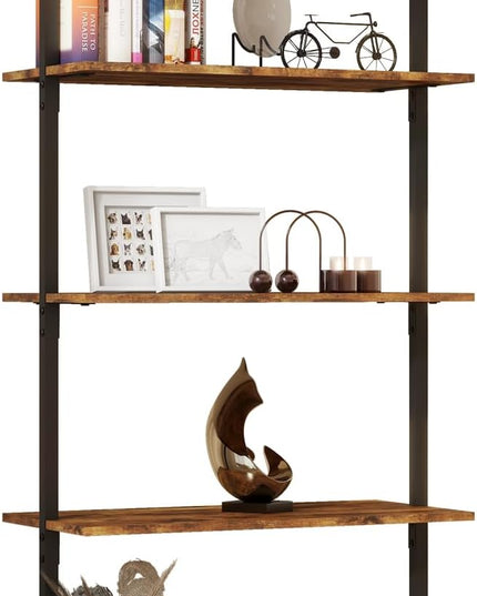 Panana Industrial 5 Tier Ladder Shelf, Open Space Book Shelf Wall Mount Bookshelf with Metal Frame Sturdy Bookcase for Living Room (Brown, 5 Tier) - LeafyLoom