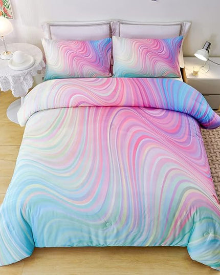 Full Size Comforter Sets for Girls 7PCS,Pink Bedding Sets,Bed Sets for Girls with Flat Sheet and Fitted Sheet,Pillowcases,Cushions,Tie Dye Comforter Sets - LeafyLoom