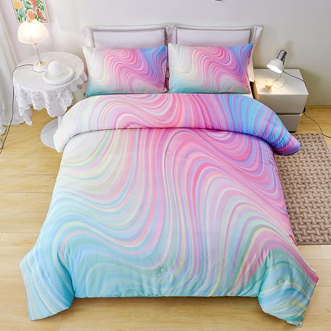Full Size Comforter Sets for Girls 7PCS,Pink Bedding Sets,Bed Sets for Girls with Flat Sheet and Fitted Sheet,Pillowcases,Cushions,Tie Dye Comforter Sets - LeafyLoom