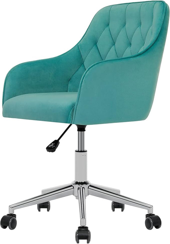 Velvet Desk Chair Vanity Chair for Makeup with Wheels and Back Home Office Chair Adjustable Rolling Swivel Chair for Bedroom Vanity Room Green - LeafyLoom