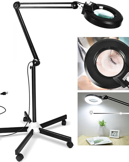 8X Magnifying Glass with Light and Stand, LANCOSC Floor Lamp with 5-Wheel Rolling Base for Facials Lash Estheticians, 1,500 Lumens Dimmable LED Lighted Magnifier for Reading Sewing Crafts - Black - LeafyLoom