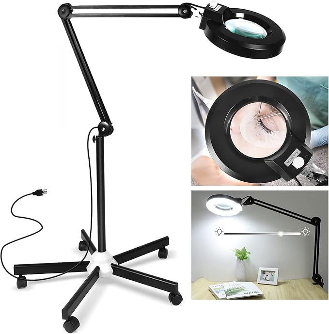 8X Magnifying Glass with Light and Stand, LANCOSC Floor Lamp with 5-Wheel Rolling Base for Facials Lash Estheticians, 1,500 Lumens Dimmable LED Lighted Magnifier for Reading Sewing Crafts - Black - LeafyLoom