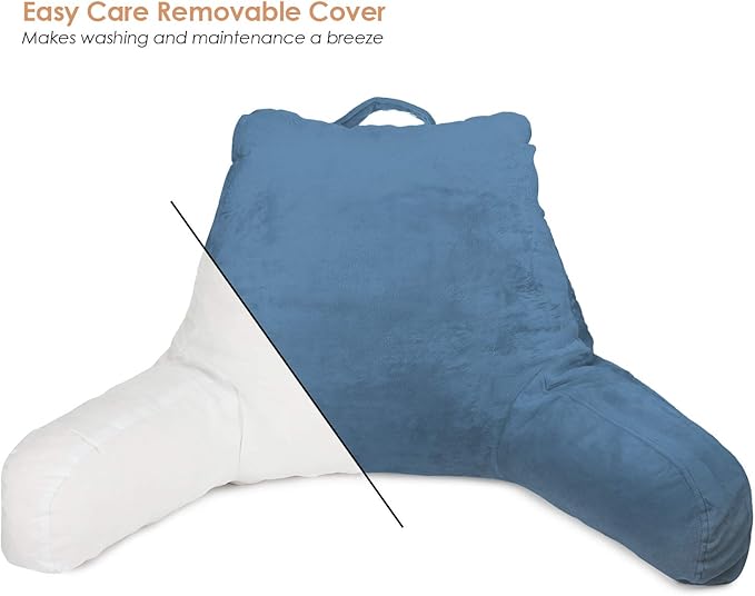 Clara Clark Reading Pillow, Standard Back Pillow for Sitting Up in Bed, Memory Foam Back Support Pillow, Reading Pillows for Sitting in Bed, Blue Heaven Sit Up Pillow for Bed, Arm Pillow with Pockets - LeafyLoom