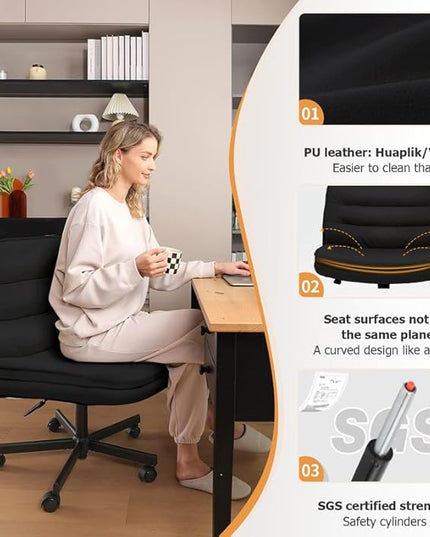 COMHOMA Criss Cross Chair with Wheels, Armless Wide Cross Legged Office Chair Mid Back, Modern Home Office Desk Chair Swivel Adjustable Vanity Computer Chair, Black - LeafyLoom